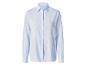 Chemise femme bleue à fines rayures blanches, manches longues et boutonnée.