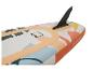 Planche de paddle gonflable avec aileron et motif feuilles tropicales.