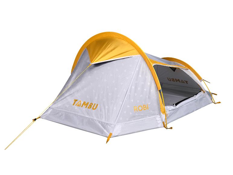 Tente Tambu Robi : modèle compact jaune et gris pour le camping.