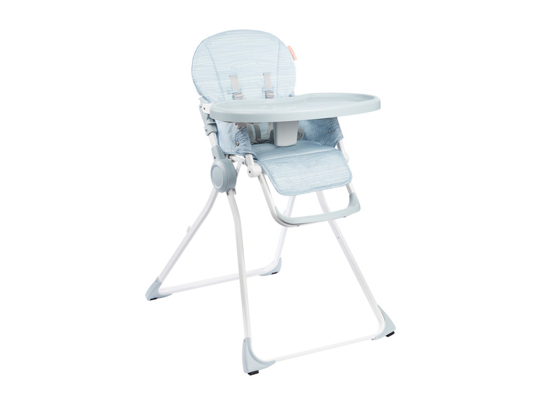 Une chaise haute pour bébé de couleur bleue avec un plateau amovible.