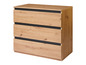 Une commode en bois avec trois tiroirs.
