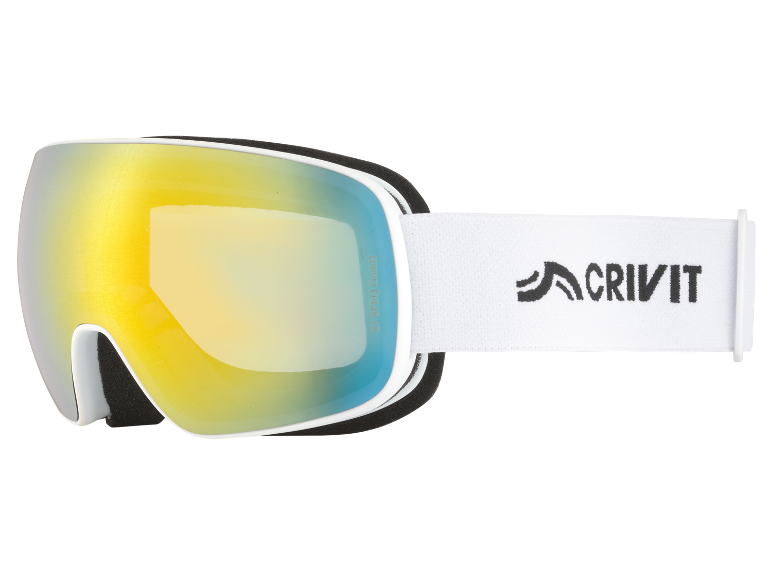 Masque de ski blanc avec verres miroirs jaunes et bleus, avec l'inscription 'S3 SPEQ GmbH'.
