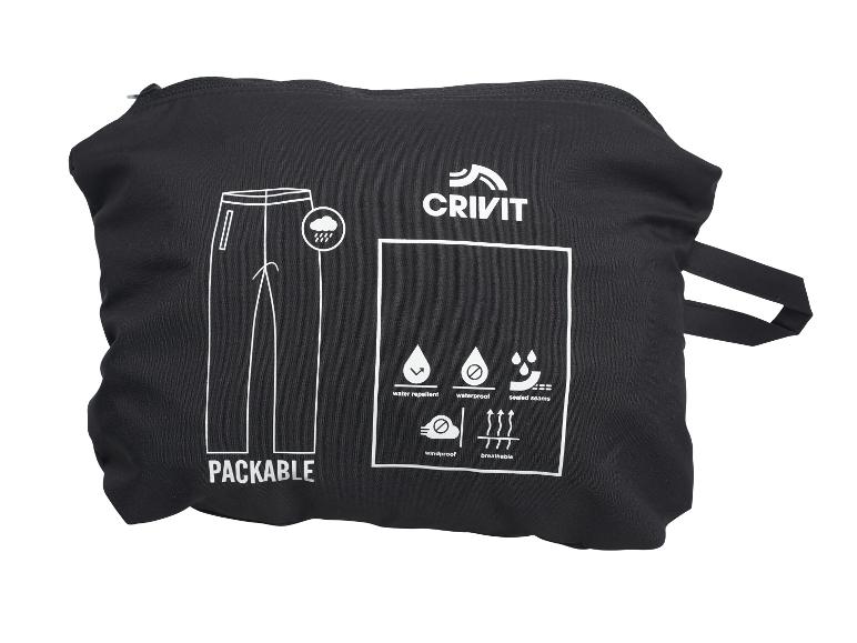 Pochette noire avec des icônes blanches pour pantalon packable, déperlant, imperméable, coutures scellées, coupe-vent et respirant.