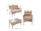 Ensemble de mobilier de jardin en rotin avec canapé, fauteuil et table basse, avec coussins et dimensions.