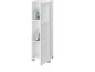 Meuble de salle de bain blanc avec étagère ouverte présentant des articles de toilette et de la décoration.