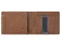 Un portefeuille en cuir marron ouvert avec un clip à billets.