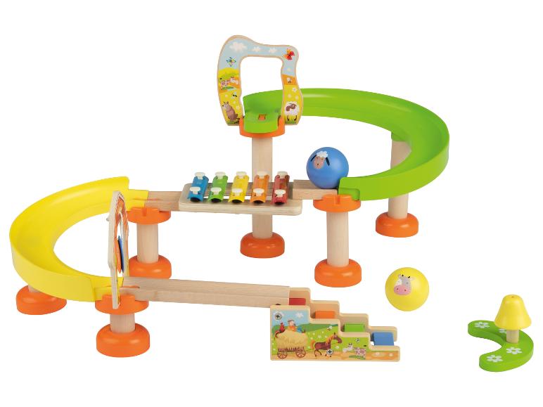 Jouet en bois avec piste à billes et xylophone, thème ferme