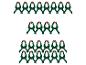 Pinces à ressort vertes avec des embouts rouges, disposées en trois rangées sur fond blanc.