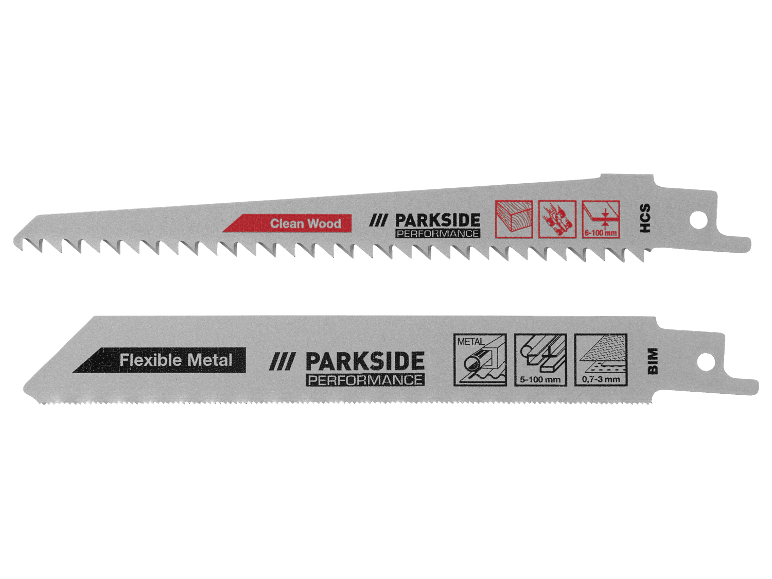 Deux lames de scie sauteuse Parksid Performance : une pour le bois propre et une pour le métal flexible.