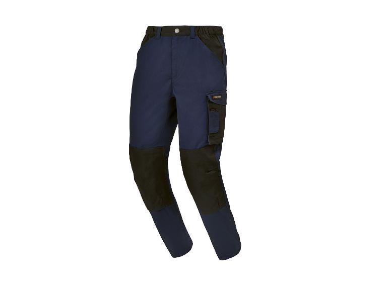 Pantalon de travail bleu et noir avec poches cargo et renforts aux genoux.