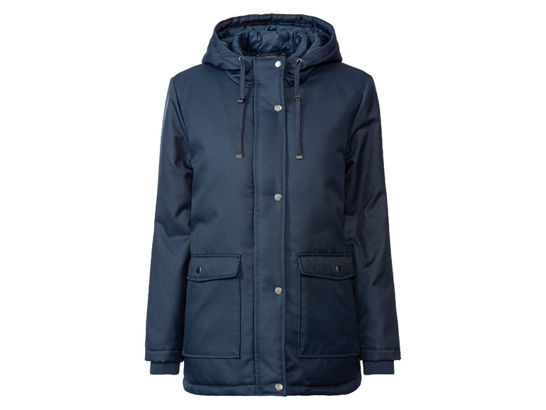 Une veste d'hiver bleu foncé avec capuche.