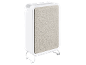 Radiateur électrique blanc avec panneau frontal en tissu gris clair et support.