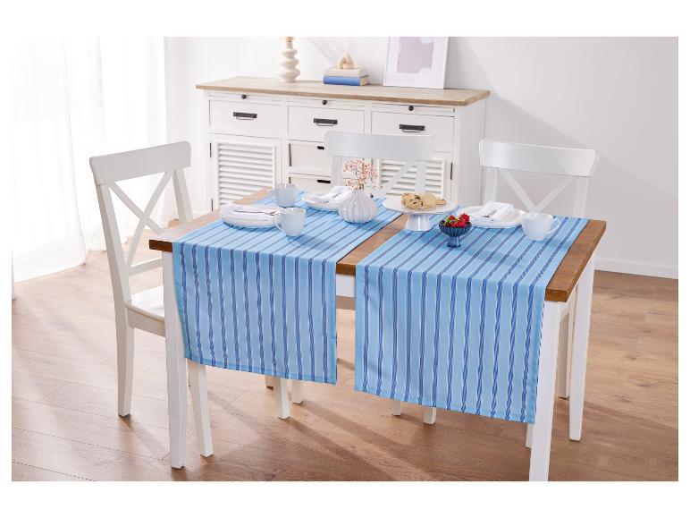 Table décorée avec des chemins de table rayés bleu et blanc.