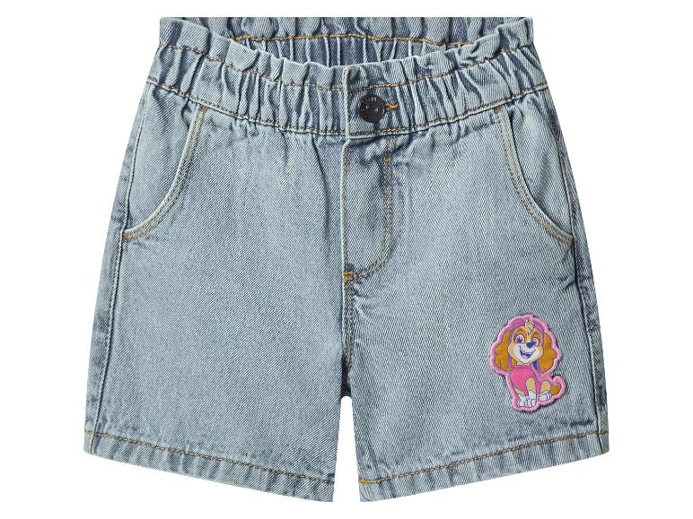 Short en jean bleu clair avec taille élastique et écusson de chien de dessin animé