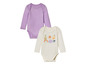 Deux bodys bébé à manches longues, un avec un imprimé fruits et un uni violet.