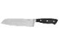 Couteau santoku en acier inoxydable avec manche noir et lame alvéolée.
