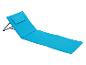 Chaise longue pliante bleue avec coussin intégré.