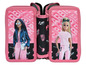 Une trousse rose avec deux compartiments avec des images de Barbie