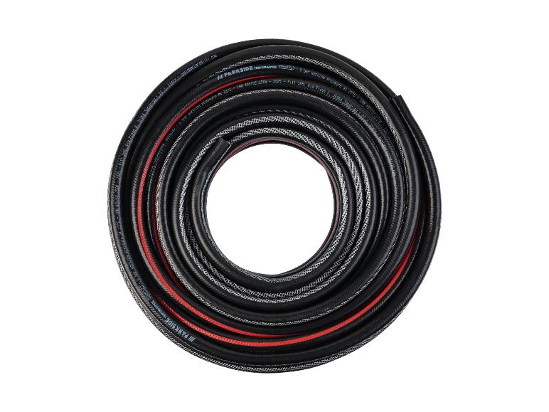 Tuyau d'arrosage noir Parkside Performance, 13 mm (1/2'), 6 bars de pression de travail, enroulé.