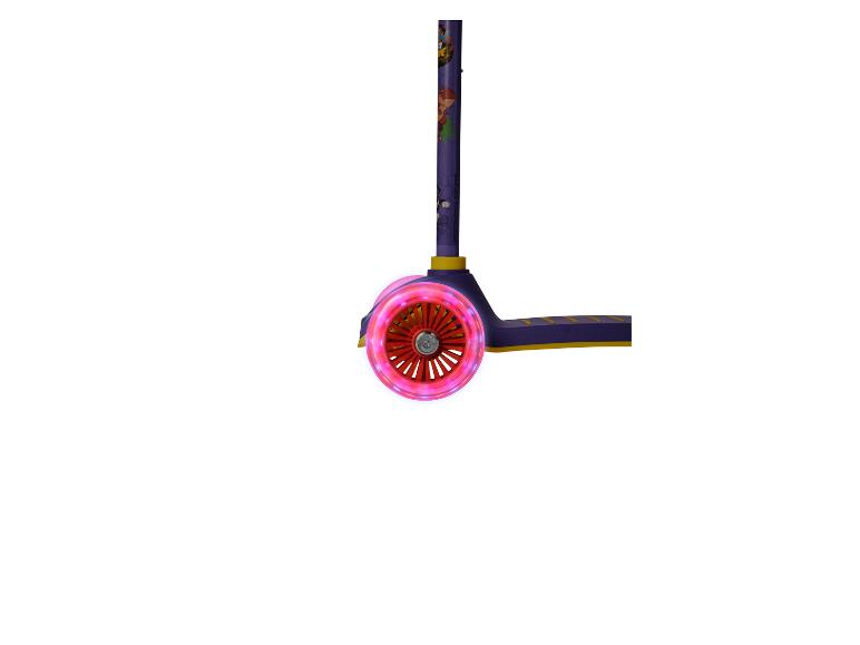Trottinette pour enfant violette avec des roues lumineuses roses et des motifs de dinosaures.