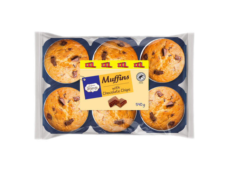 Paquet de six muffins XXL aux pépites de chocolat, 540g, avec un sceau Rainforest Alliance cacao.