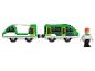 Train vert avec un wagon et une figurine de personne