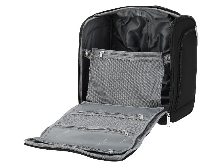 Trousse de toilette de voyage noire ou organisateur avec plusieurs compartiments en filet et fermetures éclair.