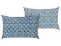 Deux coussins décoratifs, motif feuilles bleues.
