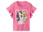 T-shirt rose à volants avec imprimé Barbie représentant deux filles et le texte « Barbie ».