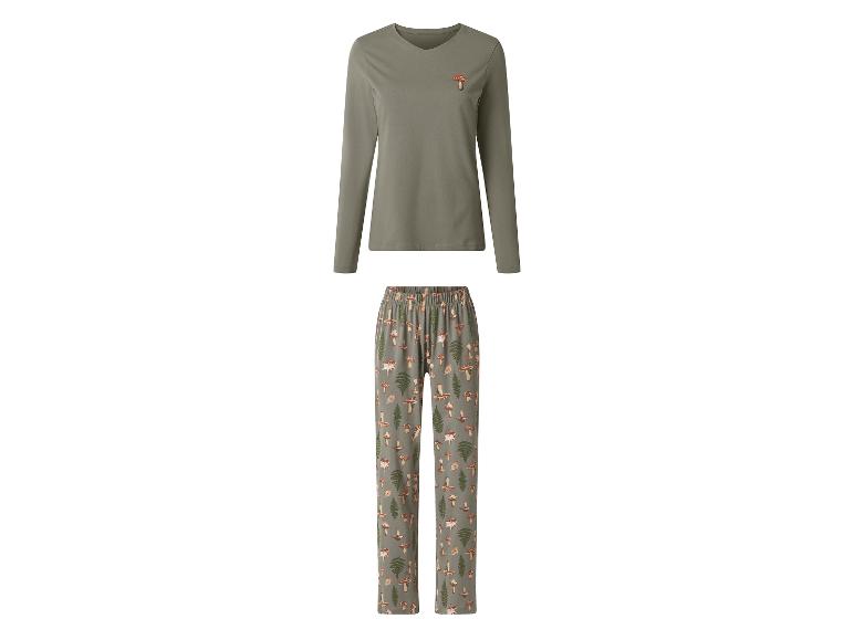 Pyjama femme avec haut à manches longues vert olive avec champignon et pantalon à motifs.