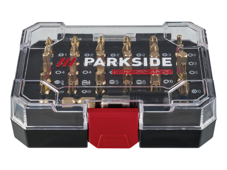Un jeu d'embouts de tournevis Parkside Performance dans un coffret transparent.