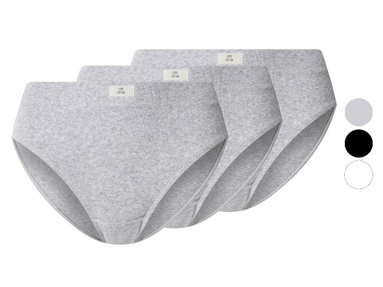 Trois culottes grises en coton côtelé avec étiquettes 'LOVE COTTON', avec des échantillons de couleurs.