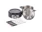 Ensemble à fondue électrique avec pot en acier inoxydable, base chauffante et six fourchettes.