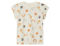 Un t-shirt blanc avec un motif de soleil, arc-en-ciel et poires.