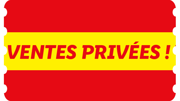 Étiquette rouge avec une bande jaune indiquant «VENTES PRIVÉES!»