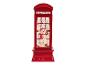 Boule à neige rouge en forme de cabine téléphonique avec un bonhomme de neige à l'intérieur