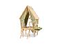 Maisonnette en bois avec murs en tissu vert, échelle et cuisine extérieure
