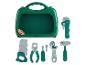 Boîte à outils verte pour enfants avec un marteau, une clé à molette et une scie.