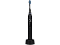 Brosse à dents électrique noire avec poils bleus, blancs et verts sur une base de chargement.