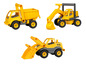 Véhicules jouets jaunes, y compris un camion benne, une excavatrice et une pelle.