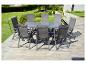 Ensemble repas d'extérieur : table et 8 chaises pliantes en aluminium gris.