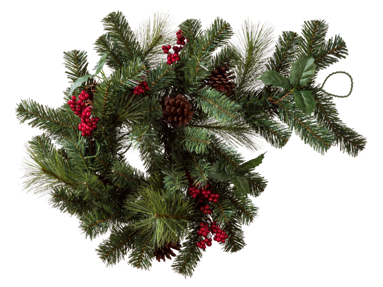 Couronne de Noël décorative avec branches de pin, pommes de pin et baies rouges.