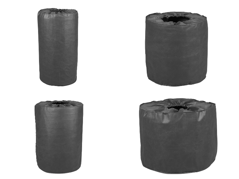 Quatre sacs de rangement cylindriques gris foncé avec fermetures à cordon, présentés sous différents angles.
