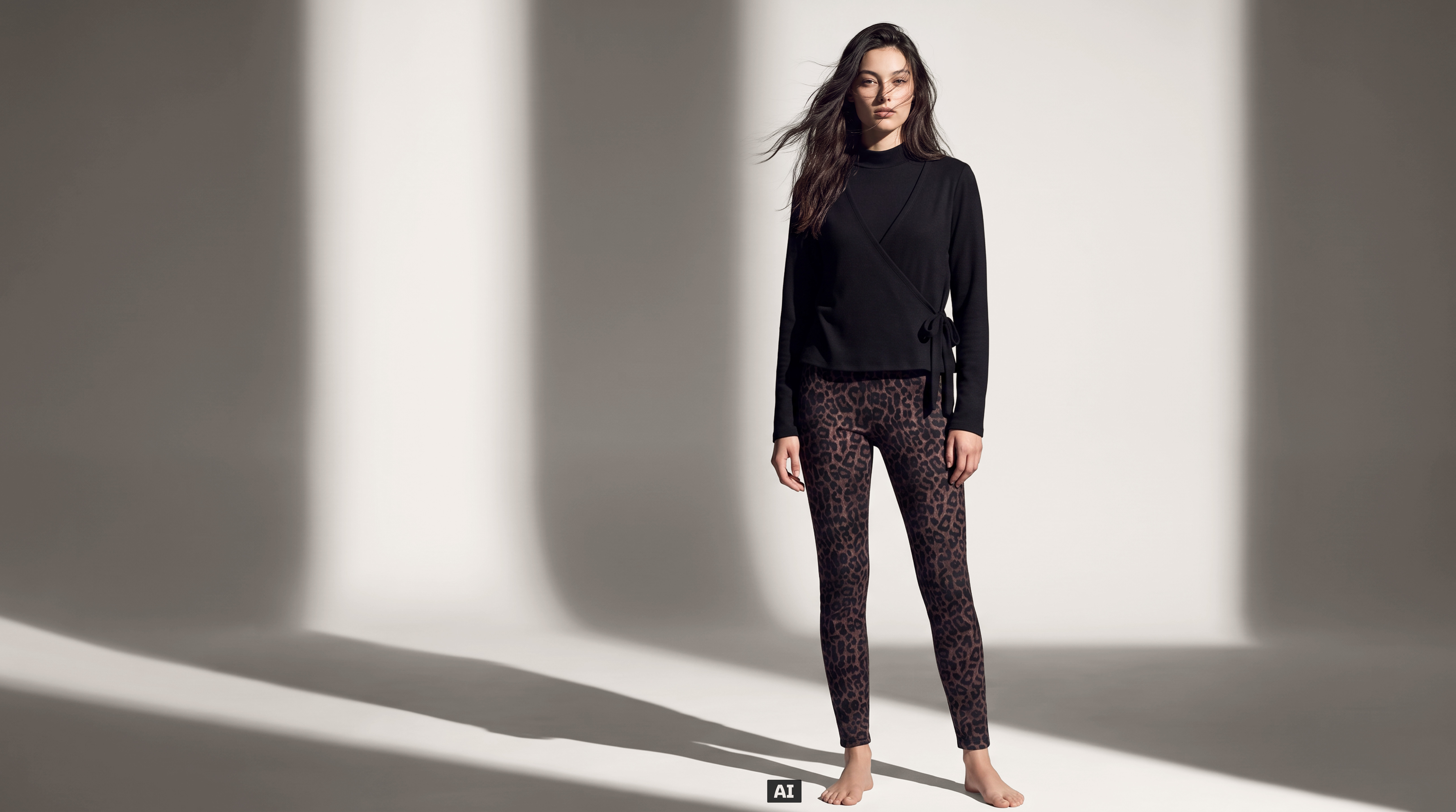 Cette image a été générée par IA : Un mannequin féminin porte l'ensemble 3 pièces de couleur noire.