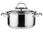 Une casserole en acier inoxydable avec un couvercle en verre.