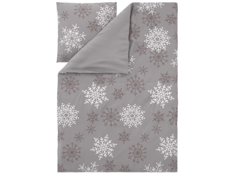 Parure de lit grise avec motif de flocons de neige blancs et marrons