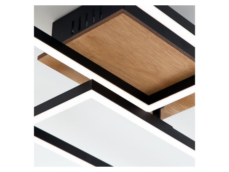 Plafonnier LED moderne au design géométrique en bois et métal noir.