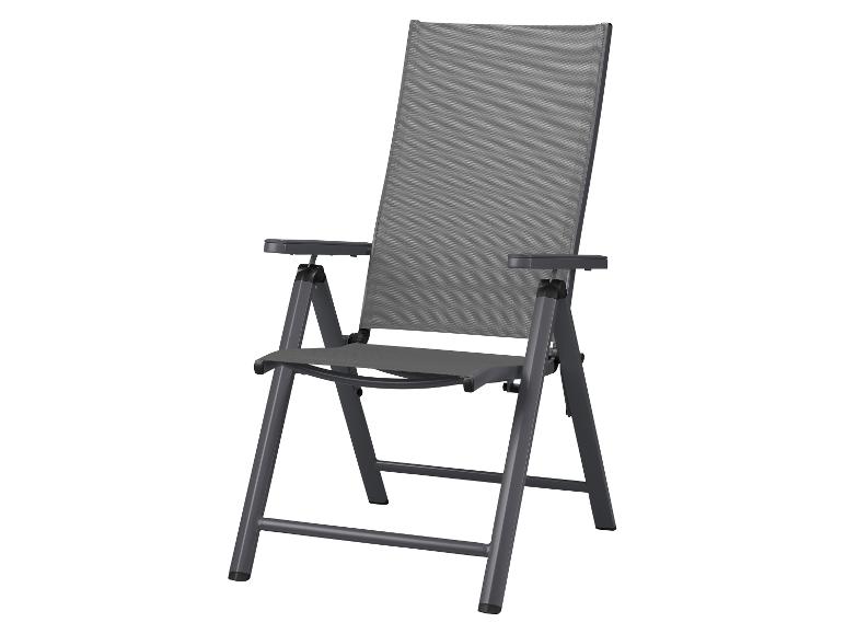 Chaise de jardin grise avec accoudoirs et dossier réglable, pliable.