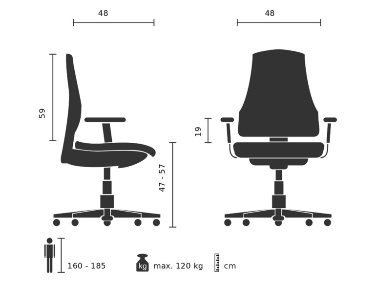 Chaise de bureau noire avec accoudoirs, vue de côté et de face, avec dimensions.
