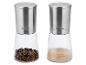 Deux moulins à épices en acier inoxydable et verre, un avec du poivre, l'autre avec du sel.